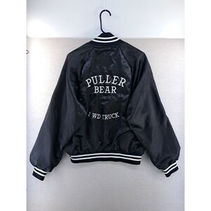 Vtg Satin Jacket Mens Large Black Nylon Bomber Made USA Bill Puller Bear